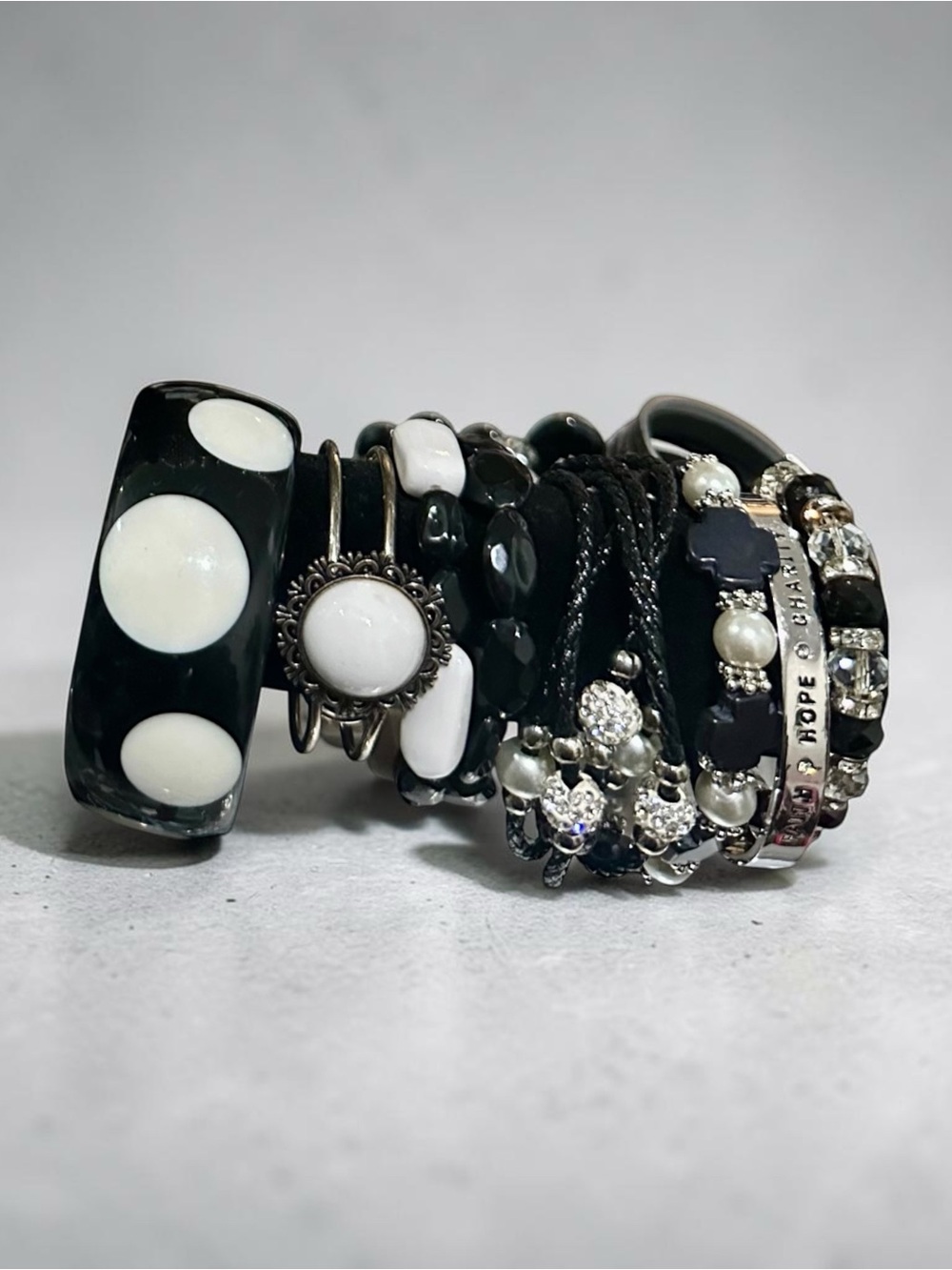 Black White Vintage Rhinestone Bangle Set Stackable Layering Bracelet OS